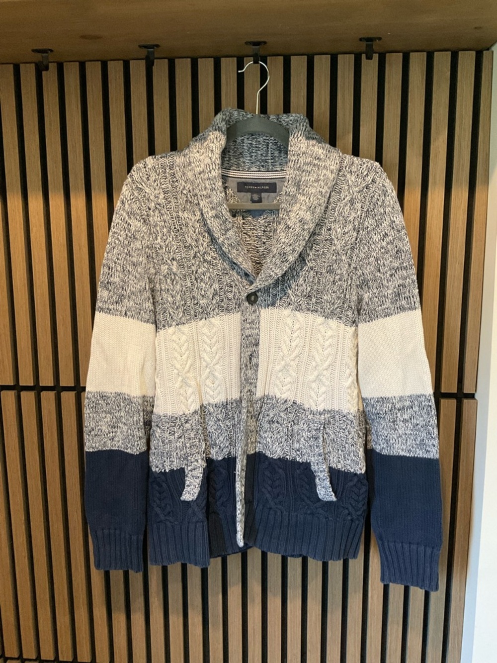 Tommy Hilfiger Shawl Collar Striped Knit Cardigan - Navy, Cream & Gray